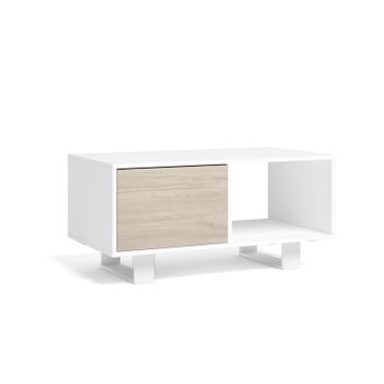 Mesa De Centro Con Puertas, Salón Comedor, Modelo Wind, Color Estructura Blanco, Color Puertas Roble, Medidas 92x50x45cm De Altura.