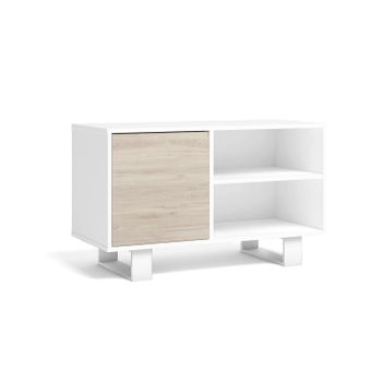 Mueble Tv 100 Con Puerta Izquierda, Salón Comedor, Modelo Wind, Color Estructura Blanco, Color Puerta Roble, Medidas 95x40x57cm De Altura.