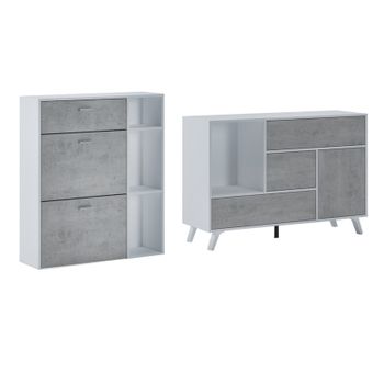 Conjunto De Muebles, Set De Muebles De Entrada, Salón Comedor, Mueble Auxiliar, Color Estructura Blanco Y Color Puertas Y Cajones Cemento- Buffet-zapatero