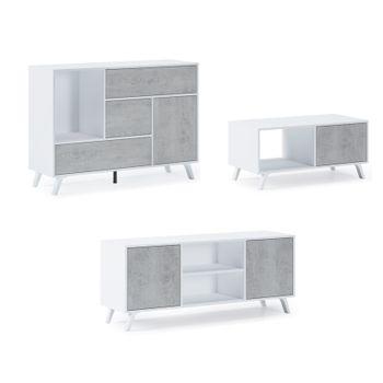 Conjunto De Muebles, Set De Muebles De Salón, Wind, Comedor, Mueble Auxiliar, Color Estructura Blanco Y Color Puertas Y Cajones Cemento- Buffet-mueble Tv-mesa Centro