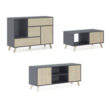 Conjunto De Muebles, Set De Muebles De Salón, Wind, Comedor, Mueble Auxiliar, Color Estructura Gris Y Color Puertas Y Cajones Puccini - Buffet-mueble Tv-mesa Centro