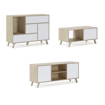 Conjunto De Muebles, Set De Muebles De Salón, Wind, Comedor, Mueble Auxiliar, Color Estructura Puccini Y Color Puertas Y Cajones Blanco - Buffet-mueble Tv-mesa Centro