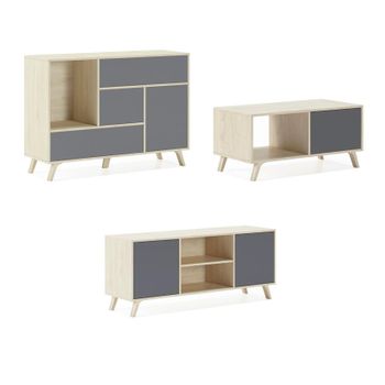 Conjunto De Muebles, Set De Muebles De Salón, Wind, Comedor, Mueble Auxiliar, Color Estructura Puccini Y Color Puertas Y Cajones Gris- Buffet-mueble Tv-mesa Centro