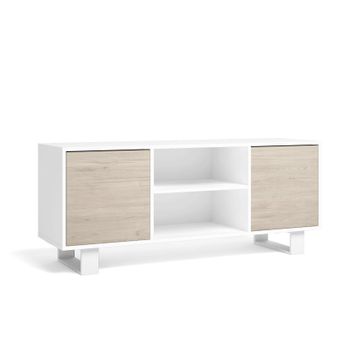 Mueble Tv 140 Con 2 Puertas, Salón Comedor, Modelo Wind, Color Estructura Blanco, Color Puertas Roble, Medidas 137x40x57cm De Altura.