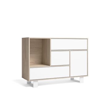 Aparador Salón Comedor, Mueble Auxiliar Buffet Wind 1 Puerta, 3 Cajones, Color Estructura Roble Y Color Puerta Y Cajones Blanco. Medidas: 120x40x86cm.