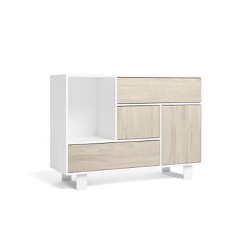 Aparador Salón Comedor, Mueble Auxiliar Buffet Wind 1 Puerta, 3 Cajones, Color Estructura Blanco Y Color Puerta Y Cajones Roble. Medidas: 120x40x86cm.