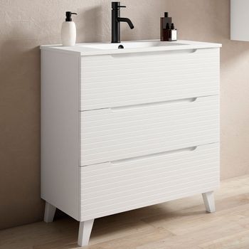 Mueble De Baño Con Lavabo,, Mod. Boreal 80x45 Cm  Acabado Blanco Mate 3 Cajones Con Patas