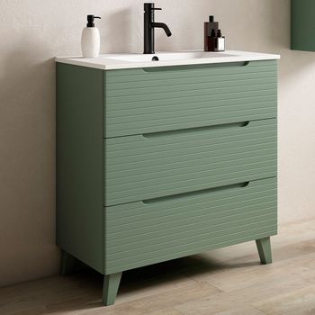 Mueble De Baño Con Lavabo,, Mod. Boreal 80x45 Cm  Acabado Verde Lago Mate 3 Cajones Con Patas