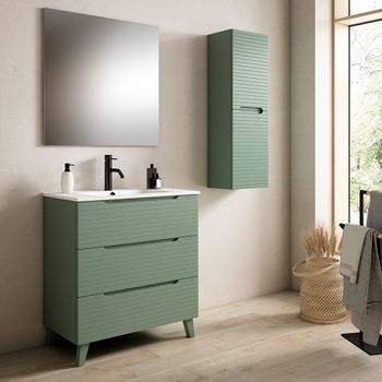 Mueble De Baño Con Lavabo, Espejo Y Aplique Led, Mod. Boreal 80x45 Cm  Acabado Verde Lago Mate 3 Cajones Con Patas