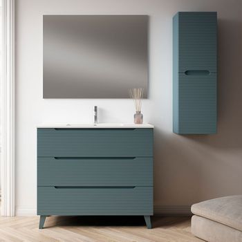 Mueble De Baño Con Lavabo, Espejo Y Aplique Led, Mod. Boreal 80x45 Cm  Acabado Azul Oceano Mate 3 Cajones Con Patas