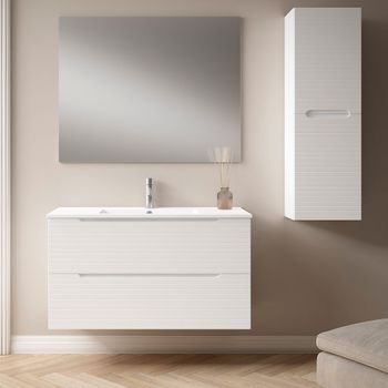 Mueble De Baño Con Lavabo, Espejo Y Aplique Led, Mod. Boreal 60x45 Cm  Acabado Blanco Mate 2 Cajones Suspendido