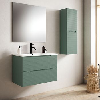 Mueble De Baño Con Lavabo, Espejo Y Aplique Led, Mod. Boreal 60x45 Cm  Acabado Verde Lago Mate 2 Cajones Suspendido