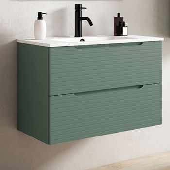 Mueble De Baño Con Lavabo,, Mod. Boreal 100x45 Cm  Acabado Verde Lago Mate 2 Cajones Suspendido