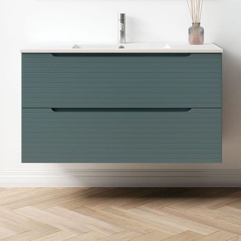 Mueble De Baño Con Lavabo,, Mod. Boreal 100x45 Cm  Acabado Azul Oceano Mate 2 Cajones Suspendido