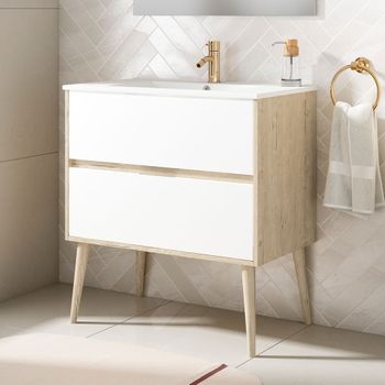 Mueble De Baño Con Lavabo,, Mod. Noruega 70x45 Cm  Acabado Roble Y Blanco Mate 2 Cajones Suspendido (patas Decorativas Incluidas)