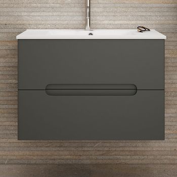 Mueble De Baño Con Lavabo,, Mod. Victoria 60x45 Cm  Acabado Grafito Mate 2 Cajones Suspendido