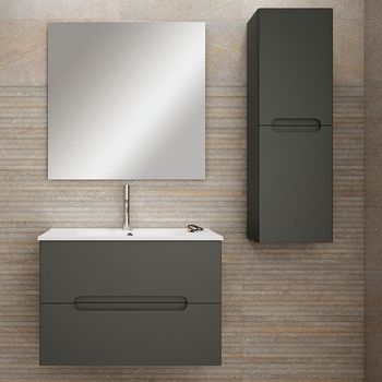 Mueble De Baño Con Lavabo, Espejo Y Aplique Led, Mod. Victoria 60x45 Cm  Acabado Grafito Mate 2 Cajones Suspendido