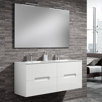 Mueble De Baño Con Lavabo, Espejo Y Aplique Led, Mod. Victoria 120x45 Cm  Acabado Blanco Mate 2 Cajones Suspendido