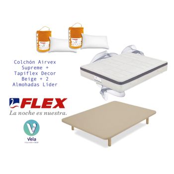 Colchon Flex Airvex Supreme 160x190 + Tapiflex Beige Con Patas +  2 Almohadas Hipoalergénicas