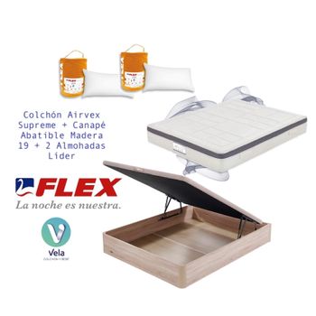 Colchon Flex Airvex Supreme 150x190 + Canape Abatible Madera 19 Natural + 2 Almohadas Hipoalergénicas