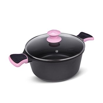 Cacerola Aluminio Fundido Antiadherente Con Tapa De Cristal Y Asas De Silicona De 24 Cm La Moustache Negro Y Rosa