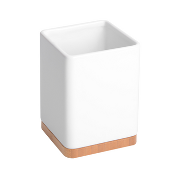 Porta Utensilios De Cocina Con Base De Bambú Square - Blanco Brillo