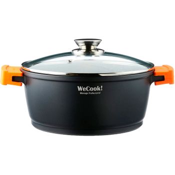 Cazuela Alta Inducción 24cm, Tapa De Cristal, Antiadherente Ecológico Sin Pfoa Aluminio Fundido Negro  Wecook Ecochef