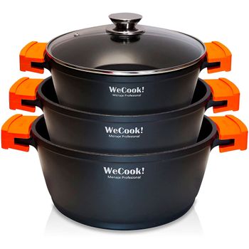 Batería Cocina Inducción 6 Piezas, Aluminio Fundido Sin Pfoa, Set Cazuelas + Tapa Asas Silicona Negro  Wecook Wcok-chef3