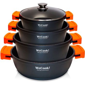 Batería Cocina Inducción 8 Piezas, Aluminio Fundido Sin Pfoa, Set Cazuelas + Tapa Asas Silicona Negro  Wecook Wcok-chef4b