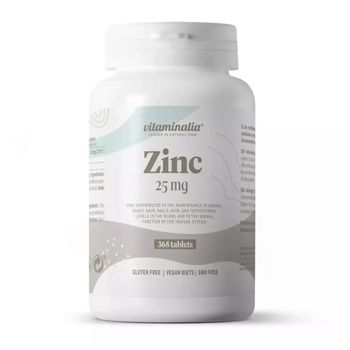 Suplemento De Zinc 25mg De Vitaminalia 365 Tabletas | Zinc Gluconate Para 1 Año | Antioxidante De Alta Biodisponibilidad | Vegano, Sin Gluten, Sin Lactosa