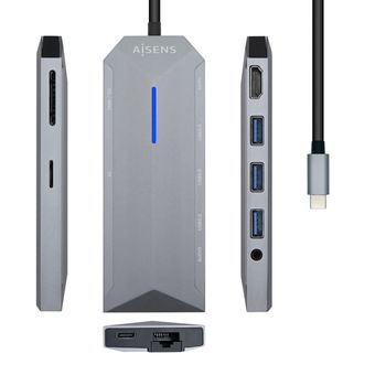 Aisens Usb-c Dock 9 En 1, Usb-c A 1x Hdmi, 1xrj45, 3x Usb, 1x Pd, 1x Audio, 1x Sd, 1x Micro Sd, Gris, 15 Cm