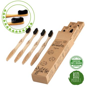 4 Cepillos Bio White Dentales Blanquadores De Bambu Puro Medium, Biodegradable. Recomendados Por Dentistas De Todo El Mundo. Cerdas Negras De Carbon De Bambu Con Efecto Blanqueador Libres De Bpa