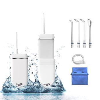 Aquapik Mini, Irrigador Bucal Portátil, Tanque De Agua Retráctil. Irrigador Dental Recargable Para Viajes Y Oficina. Carga Usb, 4 Boquillas, 3 Potencias, Impermeable, Para Toda La Familia (blanco)