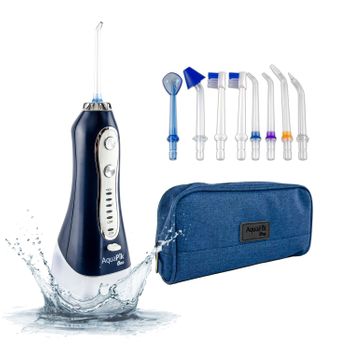 Aquapik One, Irrigador Bucal Portátil Recargable. Irrigador Dental Para Viajes, Limpieza Con Agua, 5 Modos De Presión Y Funcionalidad, Potente Irrigador Profesional. 7 Boquillas 300ml. (azul)