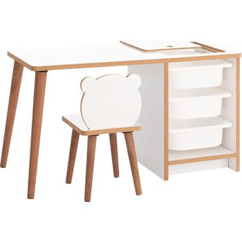 Escritorio Infantil Con Silla Y Cajones, Pupitre Infantil Con Guarda Objetos, Mesa De Juegos Para Niños, Muebles Para Niños Color Blanco Y Madera De 90 X 42 X 51 Cm Soho