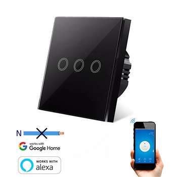Interruptor Wifi Inteligente Táctil Smartfy Triple Sin Neutro Negro Compatible Con Alexa, Google Home, Smart Life Y Tuya