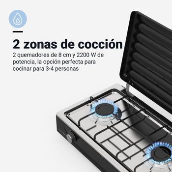 Hornillo a gas Orbegozo FO1720, cuerpo INOX y superficie de cristal  templado negro (7mm). Combustible: Gas butano o gas propano.