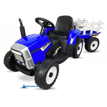 Tractor Electrico Peketrac 5100 12v 2.4g Con Remolque Azul Pekecars - Tractor Electrico Infantil Para Niños +2 Años Con Batería 12v, Con Control Remoto,asiento De Polipiel Y Luces Led