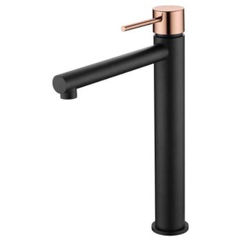 Grifo Monomando De Lavabo Caño Alto Serie Milos Stick Bdys045-3nor Negro Mate Y Oro Rosa  - Marca Mice / Imex