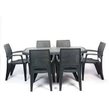 Conjunto Mesa Caribe Rectangular  + 6 Sillas Caribe De Resina - Crevicosta. Antracita