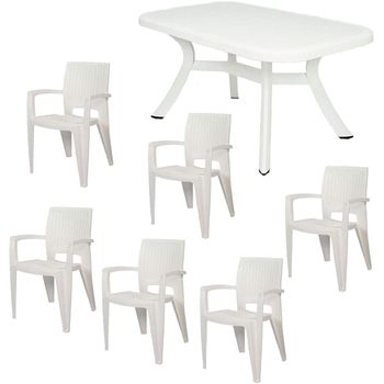 Conjunto Mesa Caribe Rectangular  + 6 Sillas Caribe De Resina - Crevicosta. Blanco