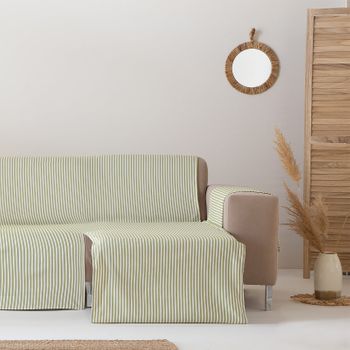 Funda Sofá Chaise Longue 240cm Derecha Liso Algodón Suave Transpirable (hasta 270cm De Ancho), Rayas Verde