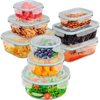 Juego de recipientes de vidrio para almacenar alimentos - 18 piezas (9  recipientes + 9 tapas) con tapa transparente, libre de BPA - Para la cocina