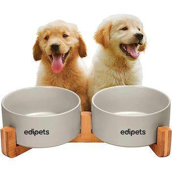 Edipets Comedero Doble Para Gatos Y Perros De Porcelana Y Base De Diseño Bambú