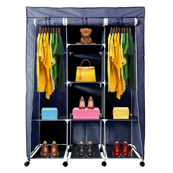 Armario Vestidor De Tela Con Puertas Cremallera Y Ruedas Nyana Home 166x124x43 Cm 6 Huecos, 3 Puertas, 2 Roperos Azul