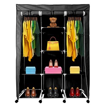 Armario Vestidor De Tela Con Puertas Cremallera Y Ruedas Nyana Home 170x125x45 Cm 6 Huecos, 3 Puertas, 2 Roperos Negro