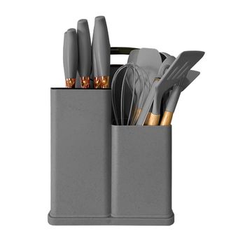 Set De Utensilios De Silicona Y Madera 19 Piezas Nyana Home Con Cuchillos Y Tabla De Cortar Gris