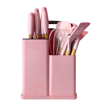 Set De Utensilios De Silicona Y Madera 19 Piezas Nyana Home Con Cuchillos Y Tabla De Cortar Rosa