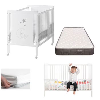 Cuna Bebe Indi Con Colchón Convertible En Cama, Blanca, Madera De Haya + Barandillas Protección + Colchón Morfeo + Protector De Colchón