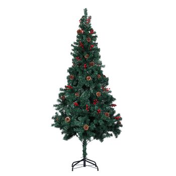 Árbol De Navidad Artificial Ø90x180 Cm 750 Ramas Adornado Piñas Y Bayas Soporte Metálico